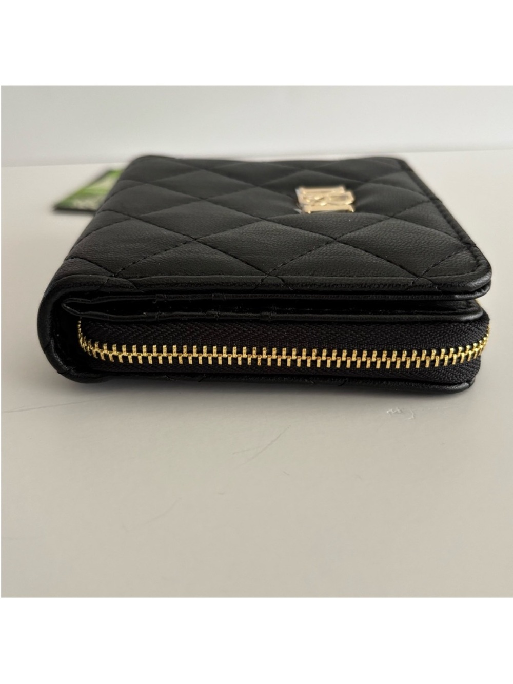 Badgley Mischka NWT Black Quilted Zip Around Wallet Vegan Leather Gold Logo - Picture 6 of 6